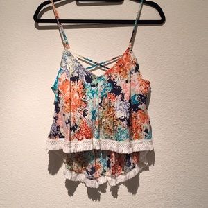 Multicolor splatter print tunic with tassel detail